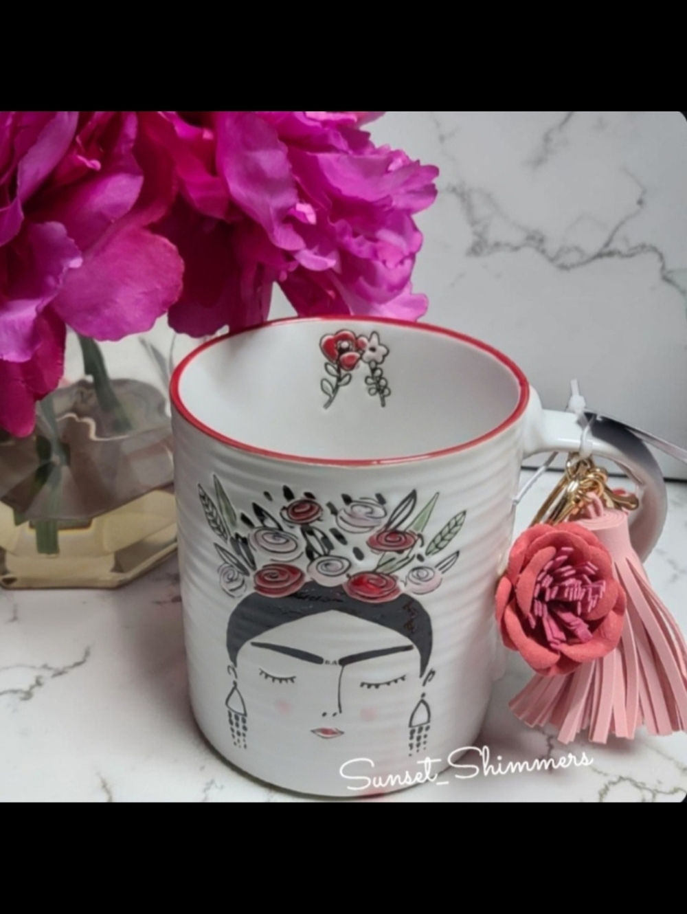 2pc Frida Kahlo Artist Etched Ceramic Coffee Mug & Rose Tassle Keychain Set New
